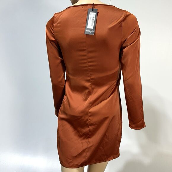 NASTY GAL Burnt Orange Faux Wrap Satin Mini  Dress Size 4 Long Sleeve NWT - Picture 4 of 12